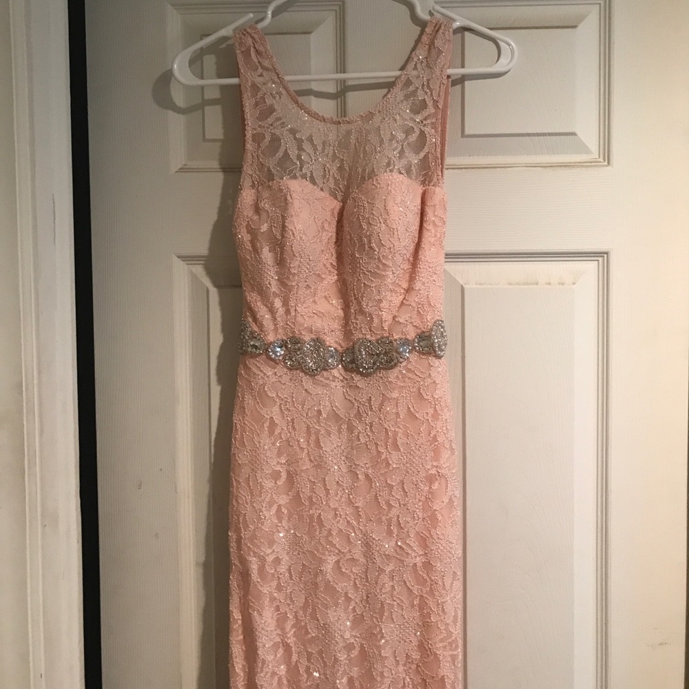 Light Pink Lace Prom Dress with Leg Slit